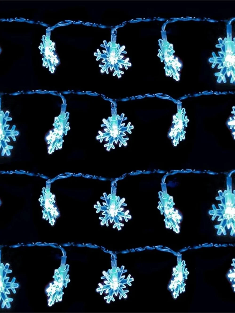 10Ft Long Blue Snowflake Light Strand. Solid or Flashing Blue. Battery Operated